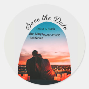 arch photo grey boho save the date QR modern Classic Round Sticker