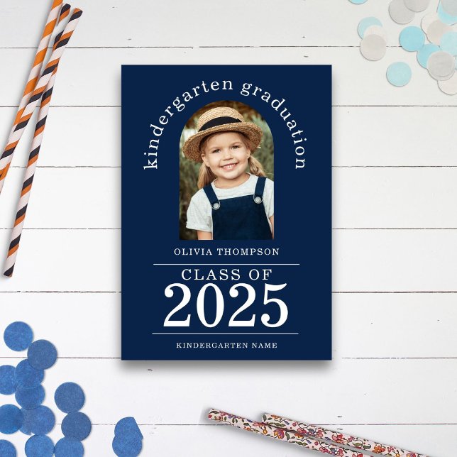 Arch Photo Kindergarten Graduate 2025 Navy Blue Announcement (kindergarten graduation card)