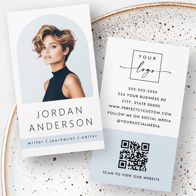 Arch photo modern minimal light dusty blue QR logo Business Card (Arch photo modern minimal light dusty blue QR logo Business Card)