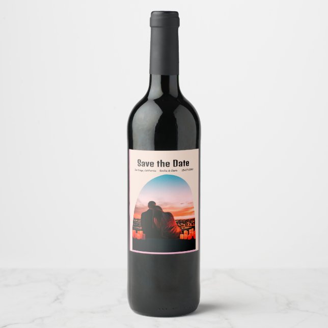 arch photo pink rusti boho save the date QR modern Wine Label (Front)