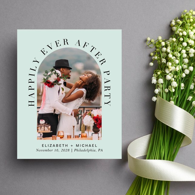 Arch Photo QR Code Mint Wedding Reception Invite (Celebrate your love story with an invitation showcasing your favorite photo in an elegant arch frame)