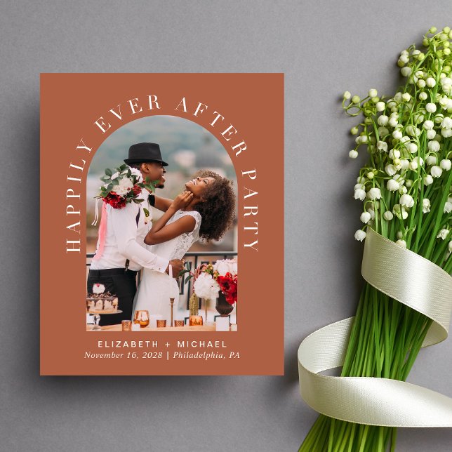 Arch Photo QR Code Terracotta Reception Invitation (Celebrate your love story with an invitation showcasing your favorite photo in an elegant arch frame)