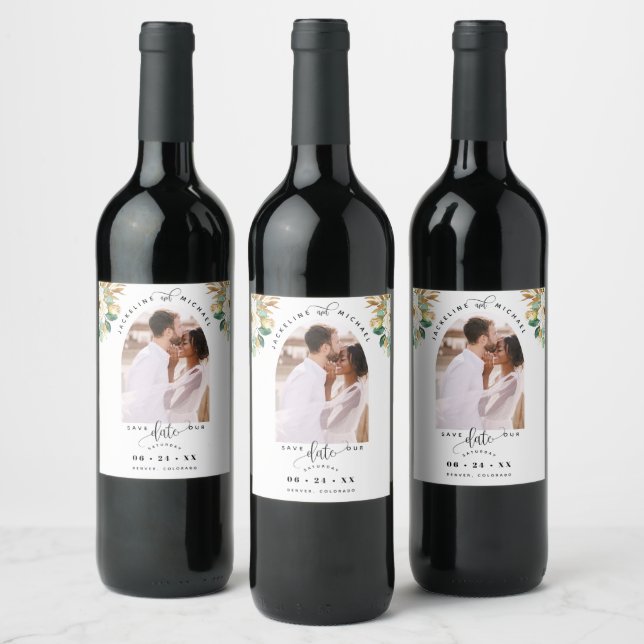 Arch Photo White Gold Floral Wedding Save the Date Wine Label (Bottles)