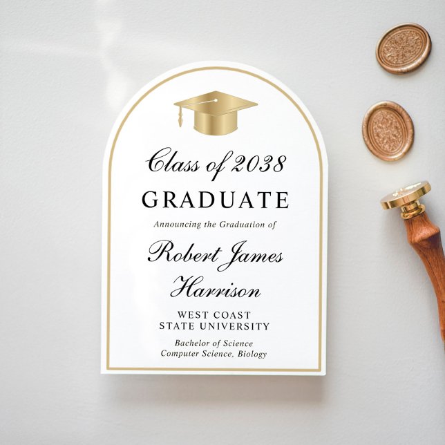Arch Photo White Gold Graduation Announcement (Share the pride and excitement of your graduate's achievement with friends and family near and far)