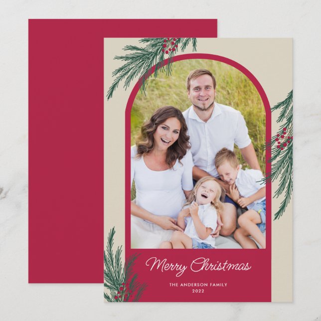 Arch Photo Winter Greenery Merry Christmas Holiday Card (Front/Back)