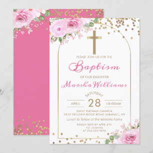 Arch Pink Floral Gold Glitter Girl Baptism Invitation