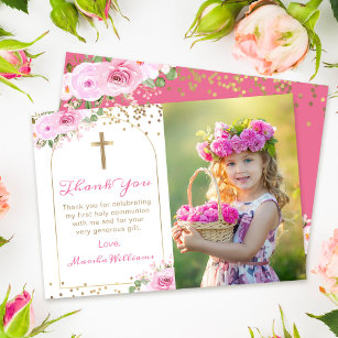 Arch Pink Gold Floral First Holy Communion Photo Thank You Card