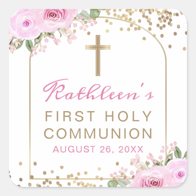 Arch Pink Gold Floral First Holy Communion Square Sticker (Front)