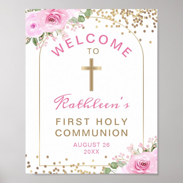 Arch Pink Gold Floral First Holy Communion Welcome Poster (Front)