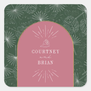Arch Pink & Green Palm Tropical Beach Wedding Square Sticker