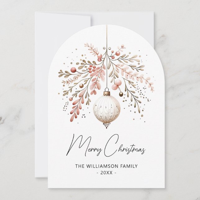 Arch Pink Greenery Bauble Christmas Watercolor  Holiday Card (Front)