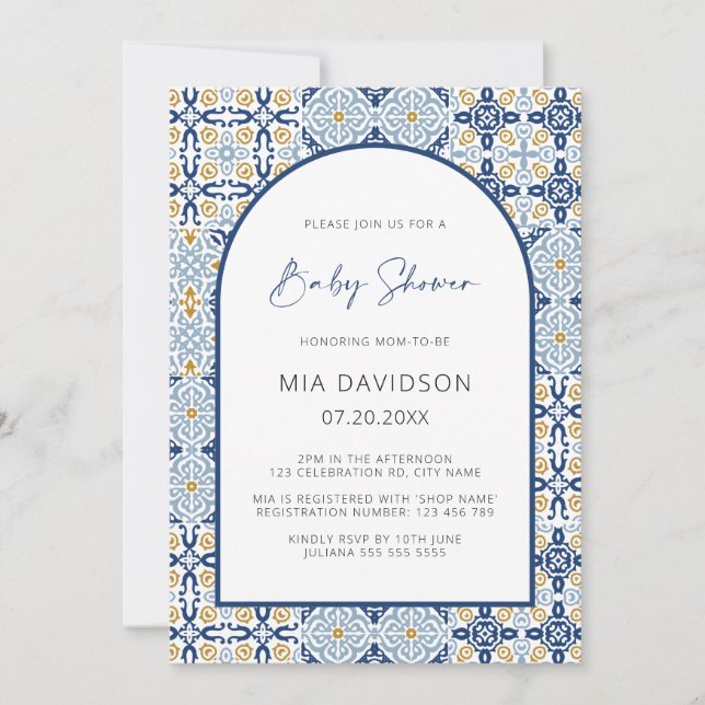 Arch Positano Mediterranean Blue Baby Shower Invitation (Front)
