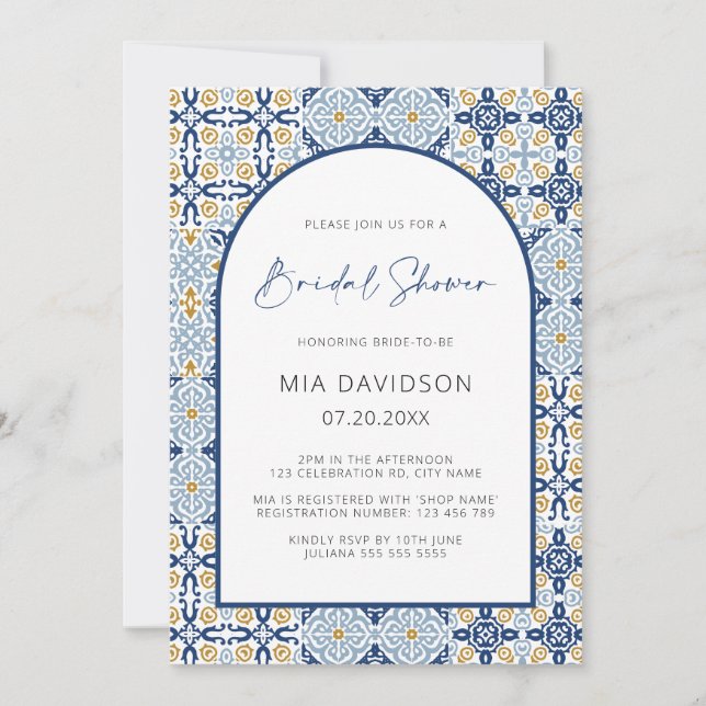 Arch Positano Mediterranean Blue Bridal Shower Invitation (Front)