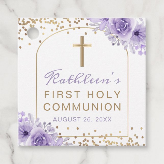 Arch Purple Gold Floral First Communion Thank You Favour Tags (Front)