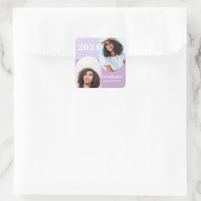 Arch Purple Two Photo Graduation Square Sticker (Bag)
