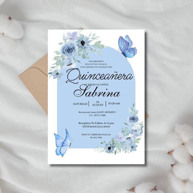  arch Quinceanera Floral Baby Blue butterflies  Invitation (Creator Uploaded)