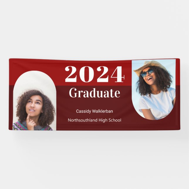 Arch Red Burgundy Two Photo Graduation Banner (Horizontal)