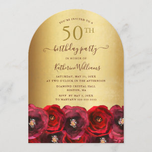 Arch Red Rose Floral Gold 50th Anniversary Party Invitation