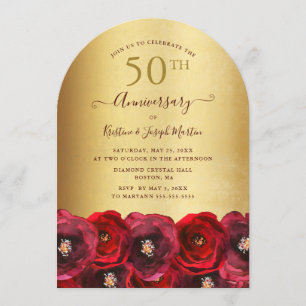 Arch Red Rose Floral Gold 50th Anniversary Party Invitation