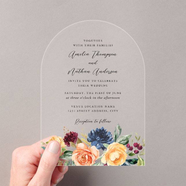 Arch Rustic Botanical Florals Wedding Acrylic Invitations (Insitu (Handheld))