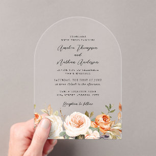 Arch Rustic Burnt Orange Botanical Florals Wedding Acrylic Invitations