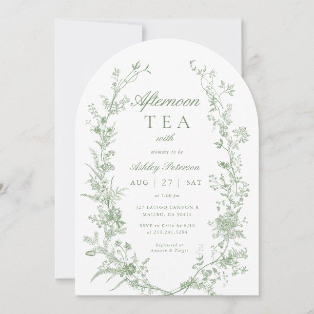 Arch Sage Green Afternoon Tea Party Baby Shower  Invitation (Front)