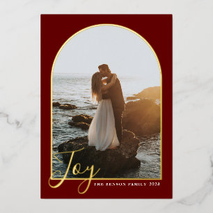  Arch Script Joy Red Vertical Real Foil Holiday Card