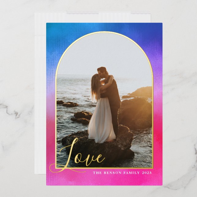  Arch Script Love Painted Pink Blue Vertical Real Foil Holiday Card (Envelope)
