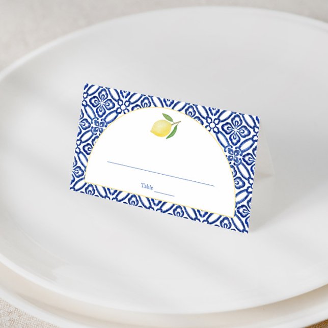 Arch Shape Amalfi Lemon Blue Tile Print Wedding Place Card (Modern classic wedding shower place card design featuring an antique azulejo design, arch and lemon)