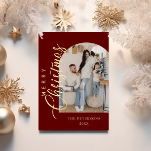 Arch Shape Burgundy Photo Christmas Greeting Foil Holiday Card