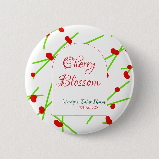 Arch shape cherry blossom red green baby shower na 6 cm round badge (Front)