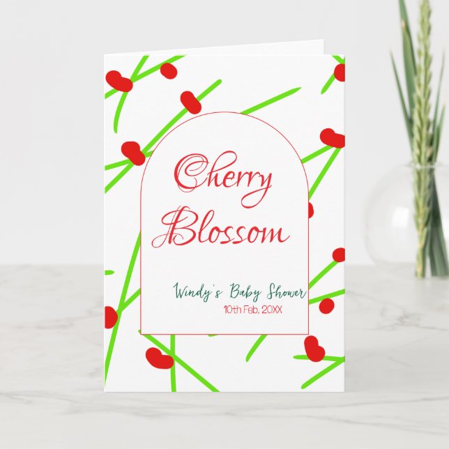 Arch shape cherry blossom red green baby shower na card (Front)