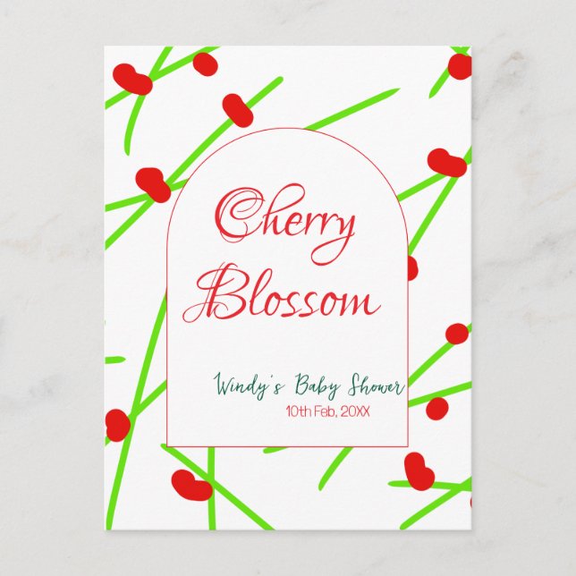 Arch shape cherry blossom red green baby shower na postcard (Front)