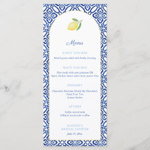 Arch Shape Lemons Blue Tiles Bridal Shower Party Menu
