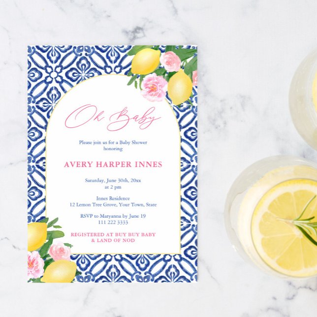 Arch Shape Lemons Blue Tiles Pink Girl Baby Shower Invitation (Creator Uploaded)