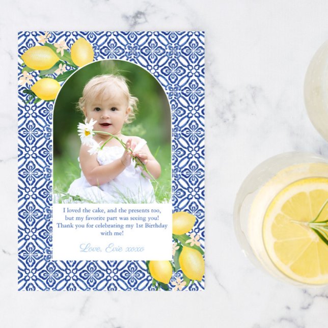 Arch Shape Lemons Girl Birthday Party Photo Thank You Card (Creator Uploaded)