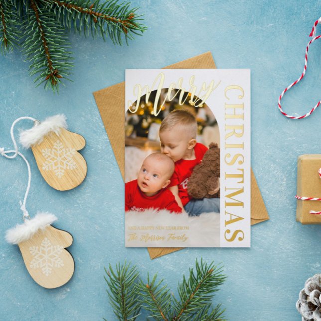 Arch Shaped Photo Merry Christmas Gold Foil Holiday Card (Creator Uploaded)
