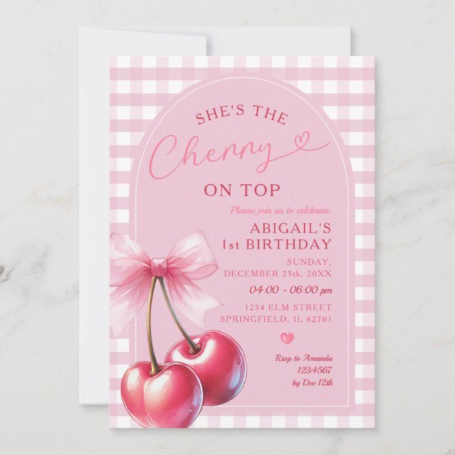 Arch She's Cherry on Top Gingham Pink Birthday Bow Invitation (Front)