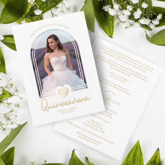 Arch Spanish Modern White Heart Photo Quinceañera Invitation (Creator Uploaded)