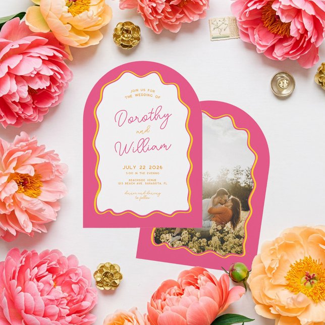 Arch Squiggly Bright and Colourful Wedding Invitation (Quirky and Fun Squiggly Arch Wedding Invitation in pink, orange and yellow color palette.)