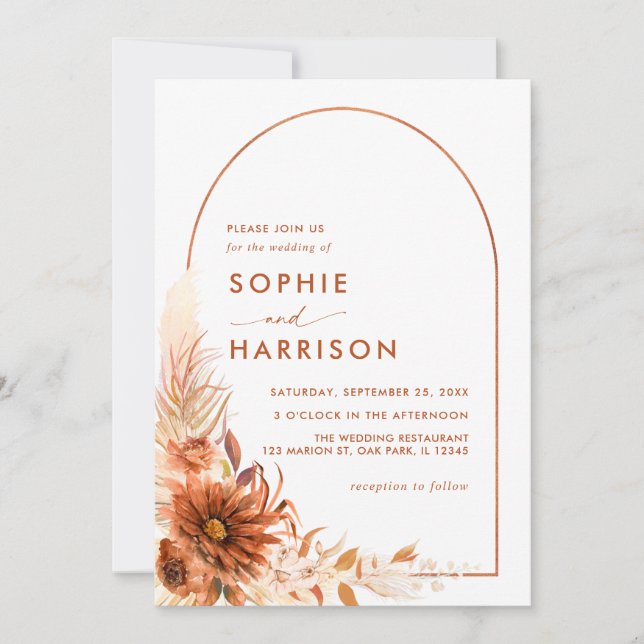 Arch Terracotta Pampas Grass All In One Wedding Invitation (Front)