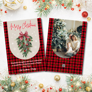 arch vintage pine tree red buffalo plaid photo holiday card