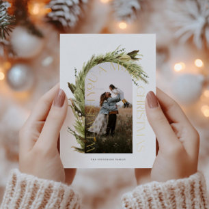 Arch Watercolor Wreath Merry Christmas Photo Foil Foil Holiday Card