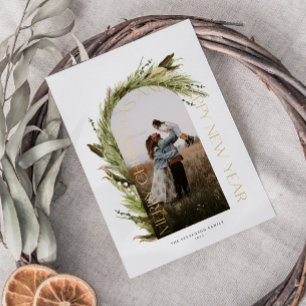 Arch Watercolor Wreath Merry Christmas Photo Foil  Holiday Card