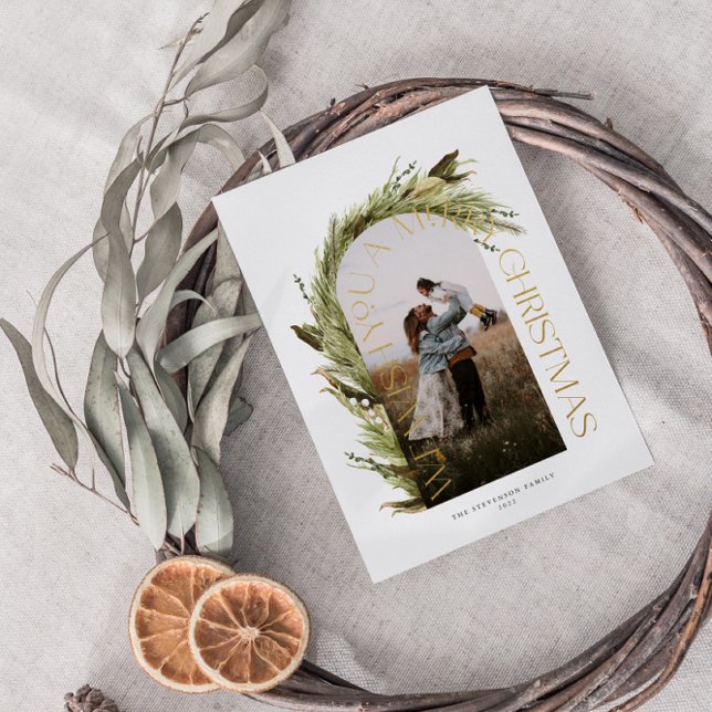 Arch Watercolor Wreath Merry Christmas Photo Foil Holiday Card (Creator Uploaded)