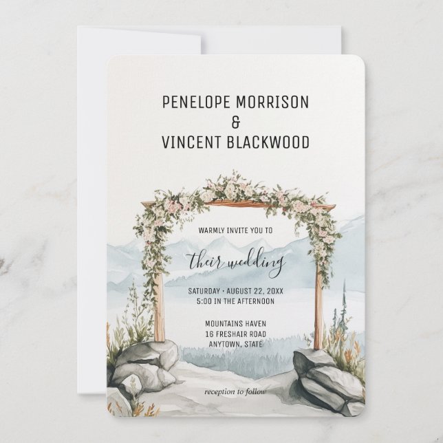 Arch Wedding in the mountains watercolor Invitation (Front)
