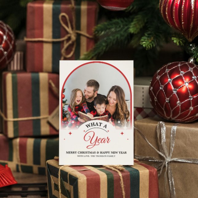 Arch What a Year in Review Multi Photo Christmas Card (arch christmas cards elegant script simple minimalist modern black & white family photo what a year)