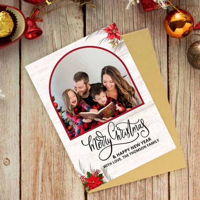 Arch What a Year in Review Photos Merry Christmas Card (rustic christmas cards family photo botanical holly country wood farmhouse)
