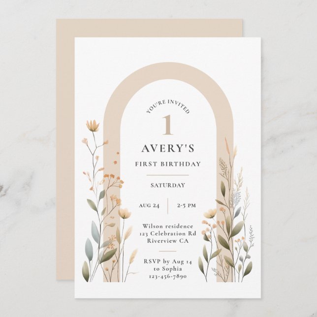 Arch Wildflower First Birthday Invitation (Front/Back)