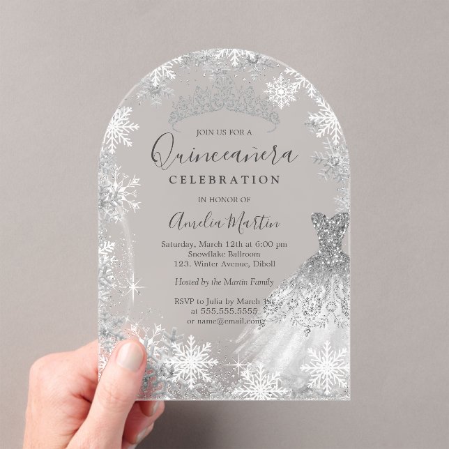 Arch Winter Snowflake Clear Fosted Quinceanera   Acrylic Invitations (Insitu (Handheld))